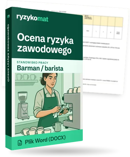 Pudełko dokumentu „Ocena ryzyka zawodowego” ze znakiem Ryzykomat i napisem „Plik Word (DOCX)” na froncie, ilustracja stanowiska „Barman / barista”; zza pudełka wystaje strona prawdziwego dokumentu z rozmytą treścią