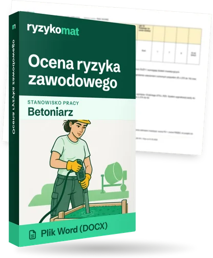 Pudełko dokumentu „Ocena ryzyka zawodowego” ze znakiem Ryzykomat i napisem „Plik Word (DOCX)” na froncie, ilustracja stanowiska „Betoniarz”; zza pudełka wystaje strona prawdziwego dokumentu z rozmytą treścią