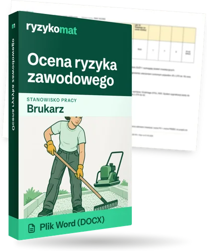 Pudełko dokumentu „Ocena ryzyka zawodowego” ze znakiem Ryzykomat i napisem „Plik Word (DOCX)” na froncie, ilustracja stanowiska „Brukarz”; zza pudełka wystaje strona prawdziwego dokumentu z rozmytą treścią