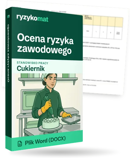Pudełko dokumentu „Ocena ryzyka zawodowego” ze znakiem Ryzykomat i napisem „Plik Word (DOCX)” na froncie, ilustracja stanowiska „Cukiernik”; zza pudełka wystaje strona prawdziwego dokumentu z rozmytą treścią