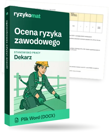Pudełko dokumentu „Ocena ryzyka zawodowego” ze znakiem Ryzykomat i napisem „Plik Word (DOCX)” na froncie, ilustracja stanowiska „Dekarz”; zza pudełka wystaje strona prawdziwego dokumentu z rozmytą treścią