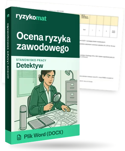 Pudełko dokumentu „Ocena ryzyka zawodowego” ze znakiem Ryzykomat i napisem „Plik Word (DOCX)” na froncie, ilustracja stanowiska „Detektyw”; zza pudełka wystaje strona prawdziwego dokumentu z rozmytą treścią