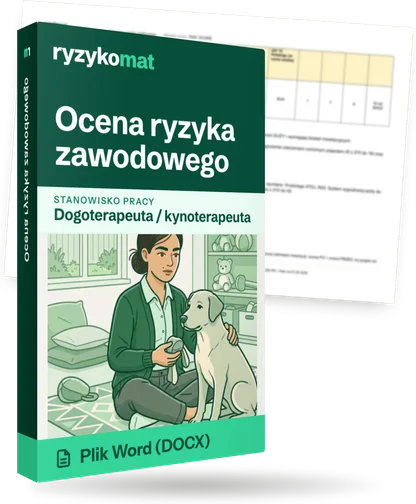 Pudełko dokumentu „Ocena ryzyka zawodowego” ze znakiem Ryzykomat i napisem „Plik Word (DOCX)” na froncie, ilustracja stanowiska „Dogoterapeuta / kynoterapeuta”; zza pudełka wystaje strona prawdziwego dokumentu z rozmytą treścią
