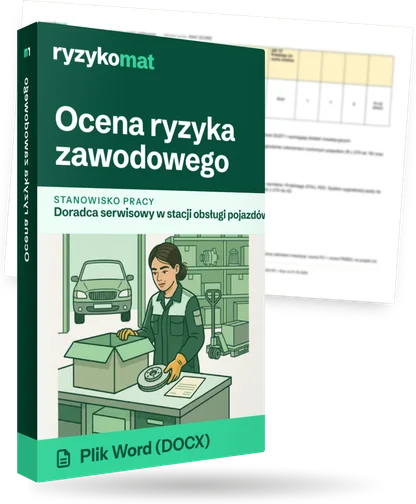 Pudełko dokumentu „Ocena ryzyka zawodowego” ze znakiem Ryzykomat i napisem „Plik Word (DOCX)” na froncie, ilustracja stanowiska „Doradca serwisowy w stacji obsługi pojazdów”; zza pudełka wystaje strona prawdziwego dokumentu z rozmytą treścią