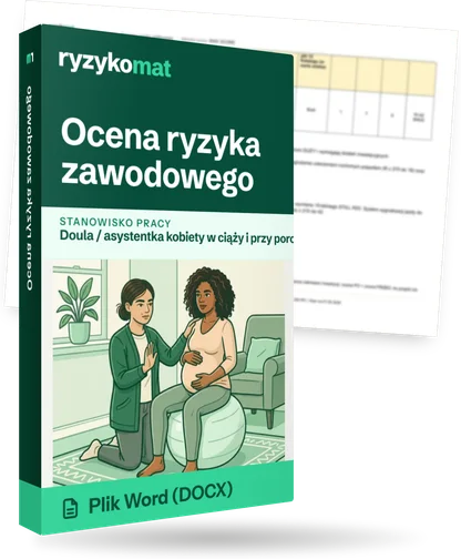 Pudełko dokumentu „Ocena ryzyka zawodowego” ze znakiem Ryzykomat i napisem „Plik Word (DOCX)” na froncie, ilustracja stanowiska „Doula / asystentka kobiety w ciąży i przy porodzie”; zza pudełka wystaje strona prawdziwego dokumentu z rozmytą treścią