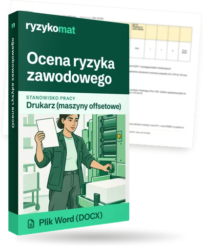 Pudełko dokumentu „Ocena ryzyka zawodowego” ze znakiem Ryzykomat i napisem „Plik Word (DOCX)” na froncie, ilustracja stanowiska „Drukarz (maszyny offsetowe)”; zza pudełka wystaje strona prawdziwego dokumentu z rozmytą treścią