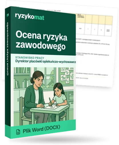 Pudełko dokumentu „Ocena ryzyka zawodowego” ze znakiem Ryzykomat i napisem „Plik Word (DOCX)” na froncie, ilustracja stanowiska „Dyrektor placówki opiekuńczo-wychowawczej”; zza pudełka wystaje strona prawdziwego dokumentu z rozmytą treścią