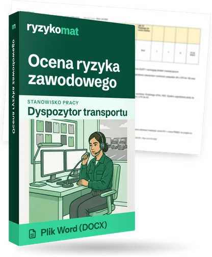 Pudełko dokumentu „Ocena ryzyka zawodowego” ze znakiem Ryzykomat i napisem „Plik Word (DOCX)” na froncie, ilustracja stanowiska „Dyspozytor transportu”; zza pudełka wystaje strona prawdziwego dokumentu z rozmytą treścią