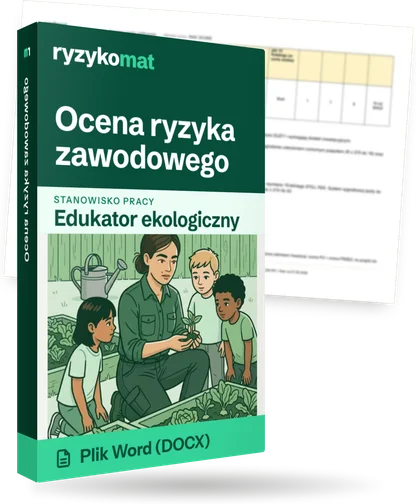 Pudełko dokumentu „Ocena ryzyka zawodowego” ze znakiem Ryzykomat i napisem „Plik Word (DOCX)” na froncie, ilustracja stanowiska „Edukator ekologiczny”; zza pudełka wystaje strona prawdziwego dokumentu z rozmytą treścią