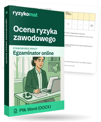 Pudełko dokumentu „Ocena ryzyka zawodowego” ze znakiem Ryzykomat i napisem „Plik Word (DOCX)” na froncie, ilustracja stanowiska „Egzaminator online”; zza pudełka wystaje strona prawdziwego dokumentu z rozmytą treścią