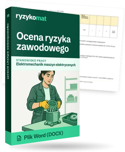 Pudełko dokumentu „Ocena ryzyka zawodowego” ze znakiem Ryzykomat i napisem „Plik Word (DOCX)” na froncie, ilustracja stanowiska „Elektromechanik maszyn elektrycznych”; zza pudełka wystaje strona prawdziwego dokumentu z rozmytą treścią