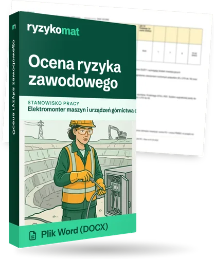 Pudełko dokumentu „Ocena ryzyka zawodowego” ze znakiem Ryzykomat i napisem „Plik Word (DOCX)” na froncie, ilustracja stanowiska „Elektromonter maszyn i urządzeń górnictwa odkrywkowego”; zza pudełka wystaje strona prawdziwego dokumentu z rozmytą treścią