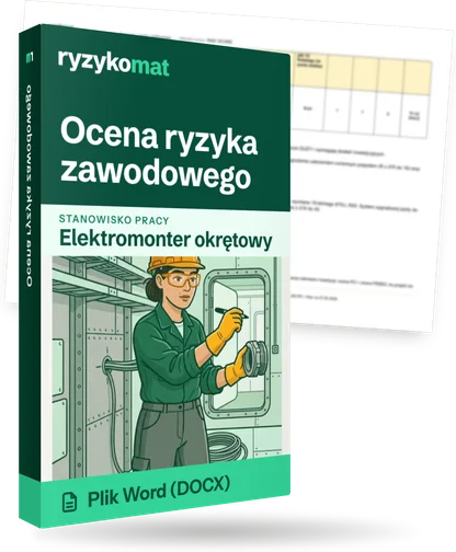 Pudełko dokumentu „Ocena ryzyka zawodowego” ze znakiem Ryzykomat i napisem „Plik Word (DOCX)” na froncie, ilustracja stanowiska „Elektromonter okrętowy”; zza pudełka wystaje strona prawdziwego dokumentu z rozmytą treścią