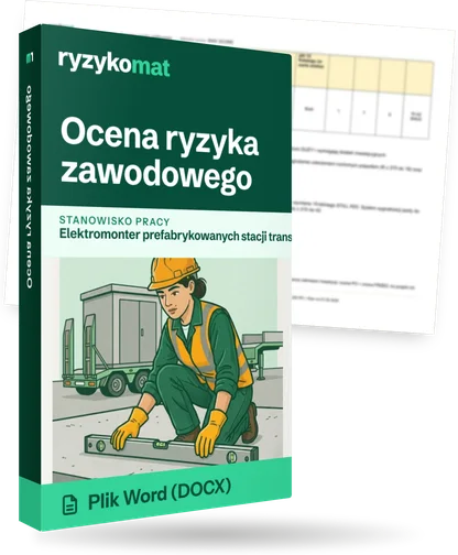 Pudełko dokumentu „Ocena ryzyka zawodowego” ze znakiem Ryzykomat i napisem „Plik Word (DOCX)” na froncie, ilustracja stanowiska „Elektromonter prefabrykowanych stacji transformatorowych”; zza pudełka wystaje strona prawdziwego dokumentu z rozmytą treścią