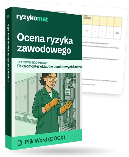 Pudełko dokumentu „Ocena ryzyka zawodowego” ze znakiem Ryzykomat i napisem „Plik Word (DOCX)” na froncie, ilustracja stanowiska „Elektromonter układów pomiarowych i automatyki zabezpieczeniowej”; zza pudełka wystaje strona prawdziwego dokumentu z rozmytą treścią
