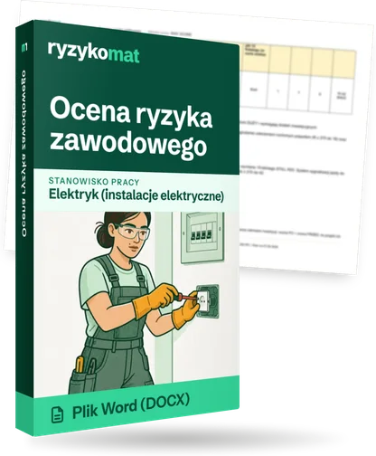 Pudełko dokumentu „Ocena ryzyka zawodowego” ze znakiem Ryzykomat i napisem „Plik Word (DOCX)” na froncie, ilustracja stanowiska „Elektryk (instalacje elektryczne)”; zza pudełka wystaje strona prawdziwego dokumentu z rozmytą treścią