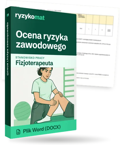 Pudełko dokumentu „Ocena ryzyka zawodowego” ze znakiem Ryzykomat i napisem „Plik Word (DOCX)” na froncie, ilustracja stanowiska „Fizjoterapeuta”; zza pudełka wystaje strona prawdziwego dokumentu z rozmytą treścią