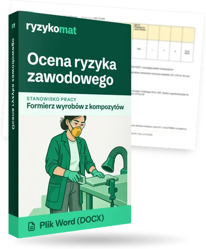 Pudełko dokumentu „Ocena ryzyka zawodowego” ze znakiem Ryzykomat i napisem „Plik Word (DOCX)” na froncie, ilustracja stanowiska „Formierz wyrobów z kompozytów”; zza pudełka wystaje strona prawdziwego dokumentu z rozmytą treścią