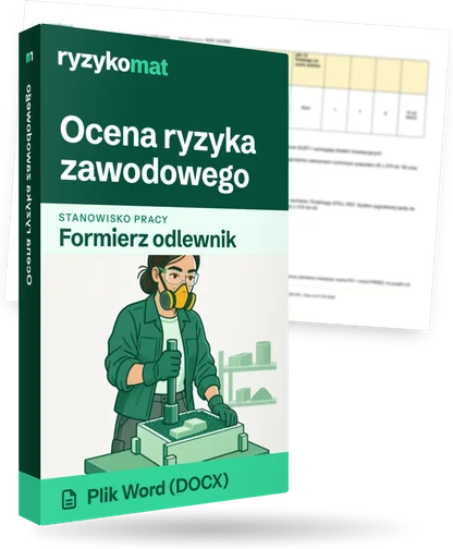 Pudełko dokumentu „Ocena ryzyka zawodowego” ze znakiem Ryzykomat i napisem „Plik Word (DOCX)” na froncie, ilustracja stanowiska „Formierz odlewnik”; zza pudełka wystaje strona prawdziwego dokumentu z rozmytą treścią