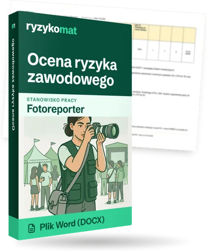 Pudełko dokumentu „Ocena ryzyka zawodowego” ze znakiem Ryzykomat i napisem „Plik Word (DOCX)” na froncie, ilustracja stanowiska „Fotoreporter”; zza pudełka wystaje strona prawdziwego dokumentu z rozmytą treścią