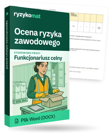 Pudełko dokumentu „Ocena ryzyka zawodowego” ze znakiem Ryzykomat i napisem „Plik Word (DOCX)” na froncie, ilustracja stanowiska „Funkcjonariusz celny”; zza pudełka wystaje strona prawdziwego dokumentu z rozmytą treścią