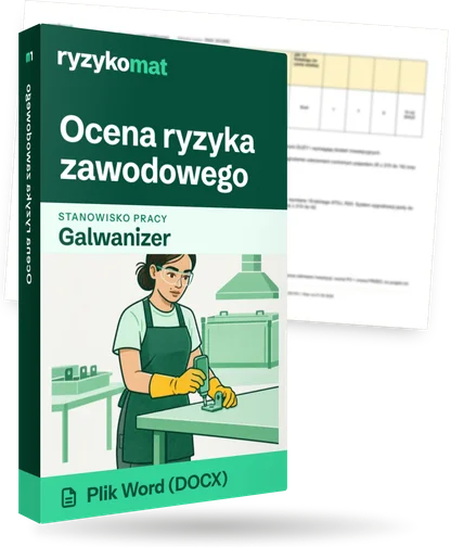Pudełko dokumentu „Ocena ryzyka zawodowego” ze znakiem Ryzykomat i napisem „Plik Word (DOCX)” na froncie, ilustracja stanowiska „Galwanizer”; zza pudełka wystaje strona prawdziwego dokumentu z rozmytą treścią