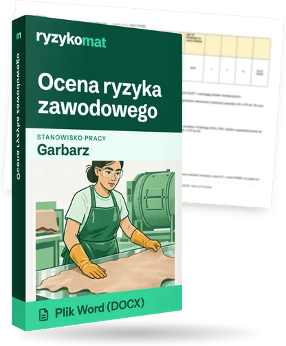 Pudełko dokumentu „Ocena ryzyka zawodowego” ze znakiem Ryzykomat i napisem „Plik Word (DOCX)” na froncie, ilustracja stanowiska „Garbarz”; zza pudełka wystaje strona prawdziwego dokumentu z rozmytą treścią