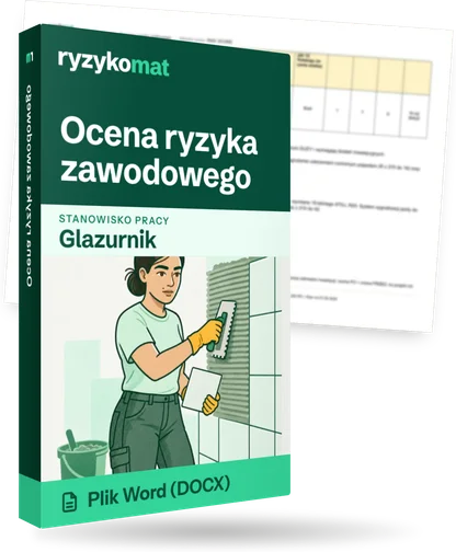 Pudełko dokumentu „Ocena ryzyka zawodowego” ze znakiem Ryzykomat i napisem „Plik Word (DOCX)” na froncie, ilustracja stanowiska „Glazurnik”; zza pudełka wystaje strona prawdziwego dokumentu z rozmytą treścią