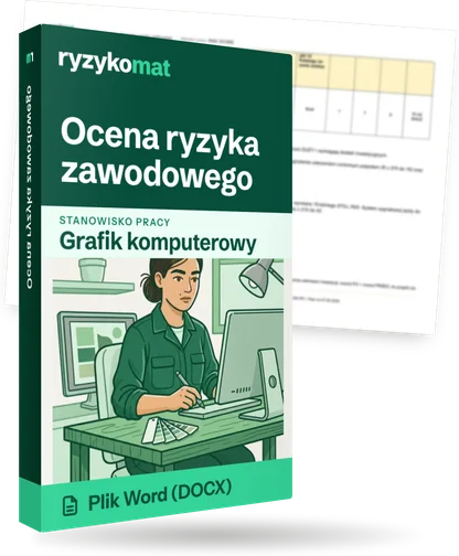 Pudełko dokumentu „Ocena ryzyka zawodowego” ze znakiem Ryzykomat i napisem „Plik Word (DOCX)” na froncie, ilustracja stanowiska „Grafik komputerowy”; zza pudełka wystaje strona prawdziwego dokumentu z rozmytą treścią