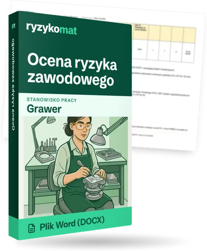 Pudełko dokumentu „Ocena ryzyka zawodowego” ze znakiem Ryzykomat i napisem „Plik Word (DOCX)” na froncie, ilustracja stanowiska „Grawer”; zza pudełka wystaje strona prawdziwego dokumentu z rozmytą treścią