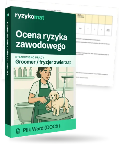 Pudełko dokumentu „Ocena ryzyka zawodowego” ze znakiem Ryzykomat i napisem „Plik Word (DOCX)” na froncie, ilustracja stanowiska „Groomer / fryzjer zwierząt”; zza pudełka wystaje strona prawdziwego dokumentu z rozmytą treścią