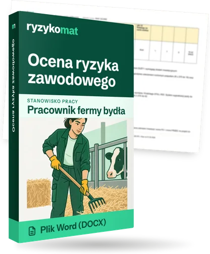 Pudełko dokumentu „Ocena ryzyka zawodowego” ze znakiem Ryzykomat i napisem „Plik Word (DOCX)” na froncie, ilustracja stanowiska „Pracownik fermy bydła”; zza pudełka wystaje strona prawdziwego dokumentu z rozmytą treścią