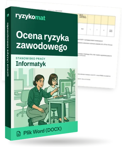 Pudełko dokumentu „Ocena ryzyka zawodowego” ze znakiem Ryzykomat i napisem „Plik Word (DOCX)” na froncie, ilustracja stanowiska „Informatyk”; zza pudełka wystaje strona prawdziwego dokumentu z rozmytą treścią