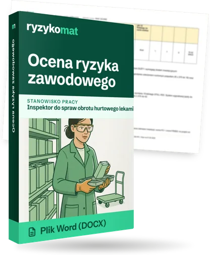 Pudełko dokumentu „Ocena ryzyka zawodowego” ze znakiem Ryzykomat i napisem „Plik Word (DOCX)” na froncie, ilustracja stanowiska „Inspektor do spraw obrotu hurtowego lekami”; zza pudełka wystaje strona prawdziwego dokumentu z rozmytą treścią