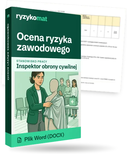 Pudełko dokumentu „Ocena ryzyka zawodowego” ze znakiem Ryzykomat i napisem „Plik Word (DOCX)” na froncie, ilustracja stanowiska „Inspektor obrony cywilnej”; zza pudełka wystaje strona prawdziwego dokumentu z rozmytą treścią