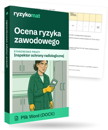 Pudełko dokumentu „Ocena ryzyka zawodowego” ze znakiem Ryzykomat i napisem „Plik Word (DOCX)” na froncie, ilustracja stanowiska „Inspektor ochrony radiologicznej”; zza pudełka wystaje strona prawdziwego dokumentu z rozmytą treścią