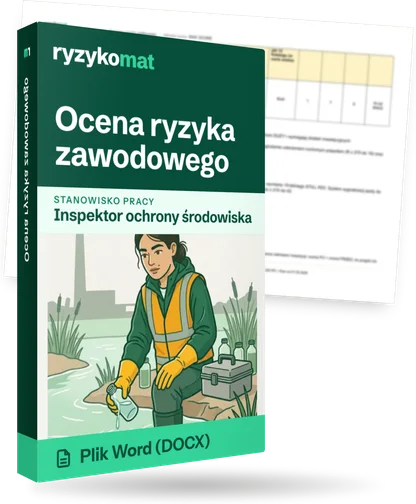Pudełko dokumentu „Ocena ryzyka zawodowego” ze znakiem Ryzykomat i napisem „Plik Word (DOCX)” na froncie, ilustracja stanowiska „Inspektor ochrony środowiska”; zza pudełka wystaje strona prawdziwego dokumentu z rozmytą treścią