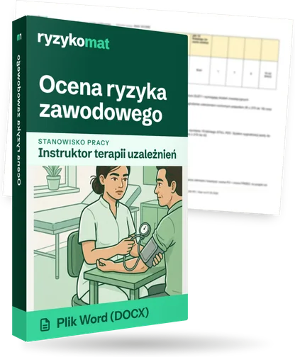 Pudełko dokumentu „Ocena ryzyka zawodowego” ze znakiem Ryzykomat i napisem „Plik Word (DOCX)” na froncie, ilustracja stanowiska „Instruktor terapii uzależnień”; zza pudełka wystaje strona prawdziwego dokumentu z rozmytą treścią
