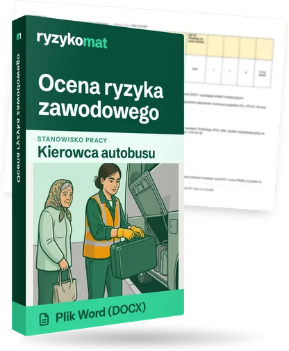 Pudełko dokumentu „Ocena ryzyka zawodowego” ze znakiem Ryzykomat i napisem „Plik Word (DOCX)” na froncie, ilustracja stanowiska „Kierowca autobusu”; zza pudełka wystaje strona prawdziwego dokumentu z rozmytą treścią