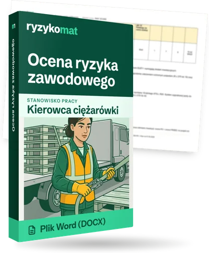 Pudełko dokumentu „Ocena ryzyka zawodowego” ze znakiem Ryzykomat i napisem „Plik Word (DOCX)” na froncie, ilustracja stanowiska „Kierowca ciężarówki”; zza pudełka wystaje strona prawdziwego dokumentu z rozmytą treścią