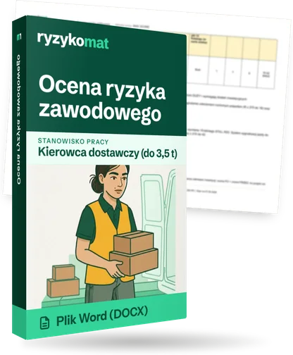 Pudełko dokumentu „Ocena ryzyka zawodowego” ze znakiem Ryzykomat i napisem „Plik Word (DOCX)” na froncie, ilustracja stanowiska „Kierowca dostawczy (do 3,5 t)”; zza pudełka wystaje strona prawdziwego dokumentu z rozmytą treścią