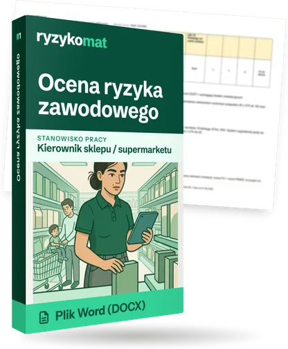 Pudełko dokumentu „Ocena ryzyka zawodowego” ze znakiem Ryzykomat i napisem „Plik Word (DOCX)” na froncie, ilustracja stanowiska „Kierownik sklepu / supermarketu”; zza pudełka wystaje strona prawdziwego dokumentu z rozmytą treścią