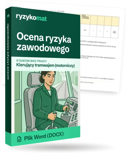 Pudełko dokumentu „Ocena ryzyka zawodowego” ze znakiem Ryzykomat i napisem „Plik Word (DOCX)” na froncie, ilustracja stanowiska „Kierujący tramwajem (motorniczy)”; zza pudełka wystaje strona prawdziwego dokumentu z rozmytą treścią