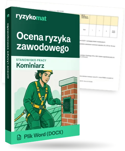 Pudełko dokumentu „Ocena ryzyka zawodowego” ze znakiem Ryzykomat i napisem „Plik Word (DOCX)” na froncie, ilustracja stanowiska „Kominiarz”; zza pudełka wystaje strona prawdziwego dokumentu z rozmytą treścią