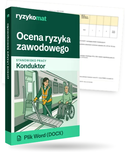 Pudełko dokumentu „Ocena ryzyka zawodowego” ze znakiem Ryzykomat i napisem „Plik Word (DOCX)” na froncie, ilustracja stanowiska „Konduktor”; zza pudełka wystaje strona prawdziwego dokumentu z rozmytą treścią
