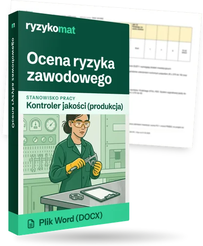 Pudełko dokumentu „Ocena ryzyka zawodowego” ze znakiem Ryzykomat i napisem „Plik Word (DOCX)” na froncie, ilustracja stanowiska „Kontroler jakości (produkcja)”; zza pudełka wystaje strona prawdziwego dokumentu z rozmytą treścią