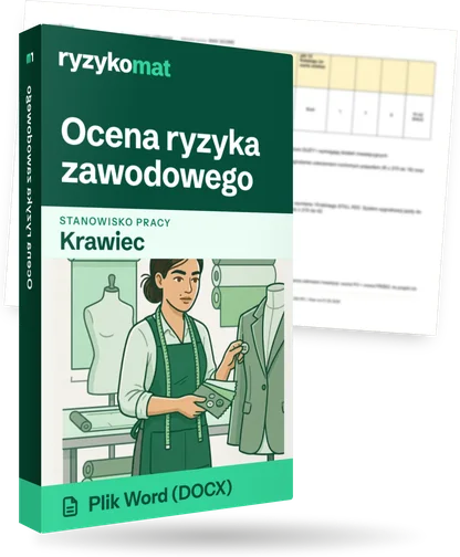 Pudełko dokumentu „Ocena ryzyka zawodowego” ze znakiem Ryzykomat i napisem „Plik Word (DOCX)” na froncie, ilustracja stanowiska „Krawiec”; zza pudełka wystaje strona prawdziwego dokumentu z rozmytą treścią