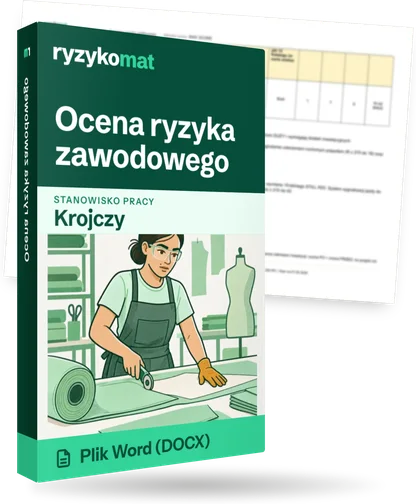 Pudełko dokumentu „Ocena ryzyka zawodowego” ze znakiem Ryzykomat i napisem „Plik Word (DOCX)” na froncie, ilustracja stanowiska „Krojczy”; zza pudełka wystaje strona prawdziwego dokumentu z rozmytą treścią