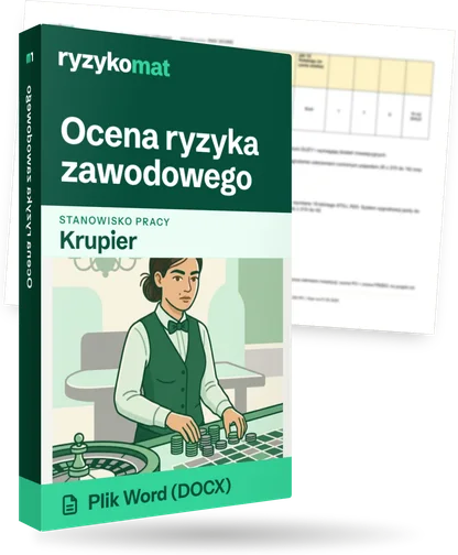 Pudełko dokumentu „Ocena ryzyka zawodowego” ze znakiem Ryzykomat i napisem „Plik Word (DOCX)” na froncie, ilustracja stanowiska „Krupier”; zza pudełka wystaje strona prawdziwego dokumentu z rozmytą treścią