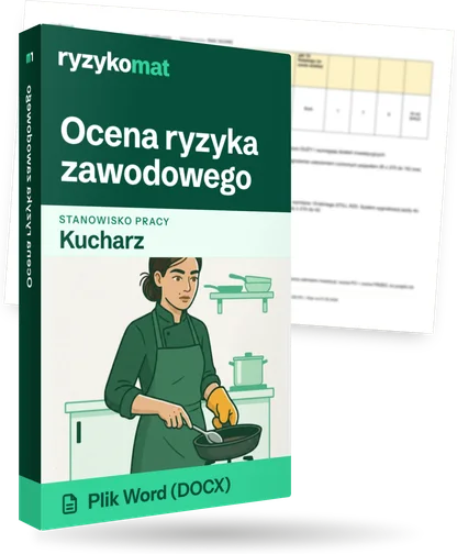 Pudełko dokumentu „Ocena ryzyka zawodowego” ze znakiem Ryzykomat i napisem „Plik Word (DOCX)” na froncie, ilustracja stanowiska „Kucharz”; zza pudełka wystaje strona prawdziwego dokumentu z rozmytą treścią